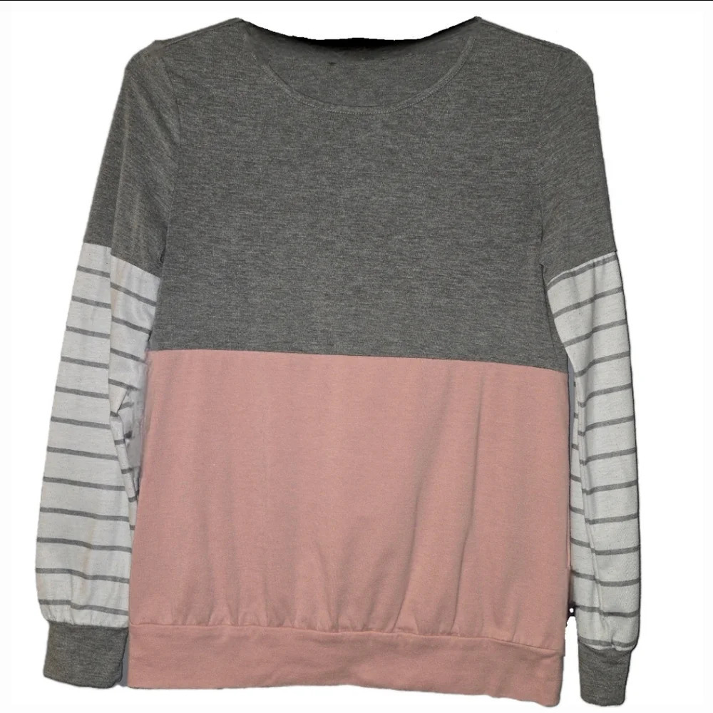 Ladies Striped Long Sleeve T-Shirt, Gray, White & Pink w/ Stripes